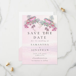 Save The Date Mariage hivernal à l'aquarelle Cônes de pin Oiseau