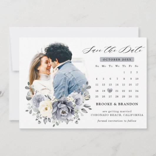 Save The Date Mariage hivernal floral gris argent et ivoire rust (Devant)