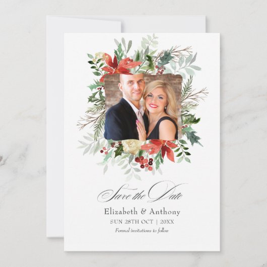 Save The Date Mariage hivernal magique avec pin rustique enneigé (Devant)