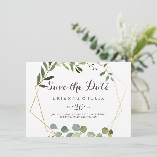 Save The Date Mariage horizontal Brown or géométrique vert (Debout devant)