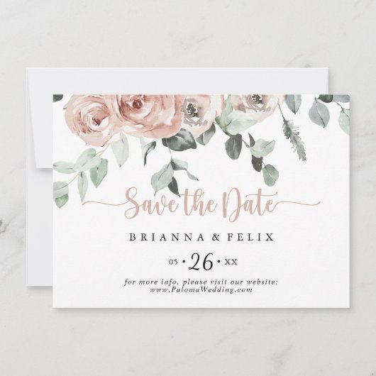 Save The Date Mariage horizontal classique rose poussiéreux rose (Devant)