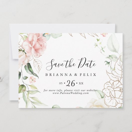 Save The Date Mariage horizontal de feuillage vert or (Devant)