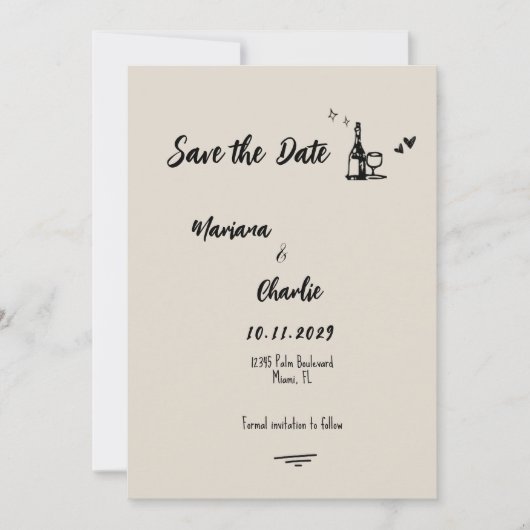 Save The Date Mariage Illustré à la Main en Gris Rétro (Devant)