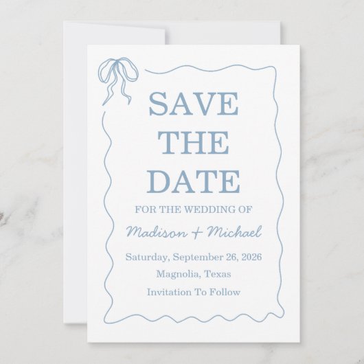 Save The Date Mariage Illustré Bleu Dessiné à la Main de manière (Devant)