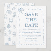 Save The Date Mariage Illustré Bleu Dessiné à la Main de manière (Devant / Derrière)