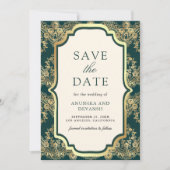 Save The Date Mariage indien dentelle or sarcelle (Devant)