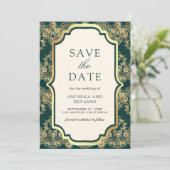 Save The Date Mariage indien dentelle or sarcelle (Debout devant)
