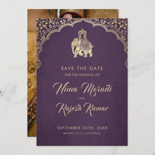 Save The Date Mariage Indien, Enregistrer La Date, Bleu, Or, Gan (Devant / Derrière)