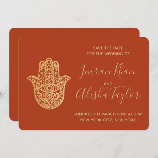 Save The Date Mariage indien Enregistrer la date Gold hamsa Henn (Devant / Derrière)