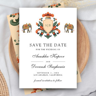 Save The Date Mariage indien hindou éléphant royal au blason vin