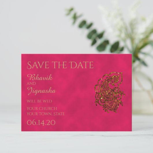Save The Date Mariage indien rose et or Enregistrer la date (Debout devant)