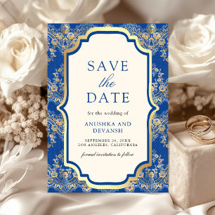 Save The Date Mariage Indien Royal Blue et Doré Brodé