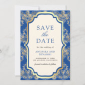 Save The Date Mariage Indien Royal Blue et Doré Brodé (Devant)
