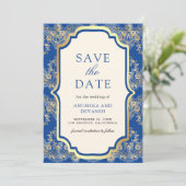 Save The Date Mariage Indien Royal Blue et Doré Brodé (Debout devant)