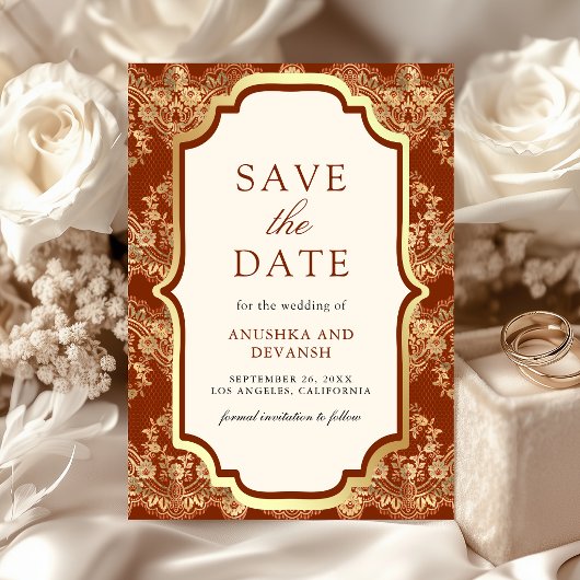 Save The Date Mariage Indien Rust Orange Gold Lace