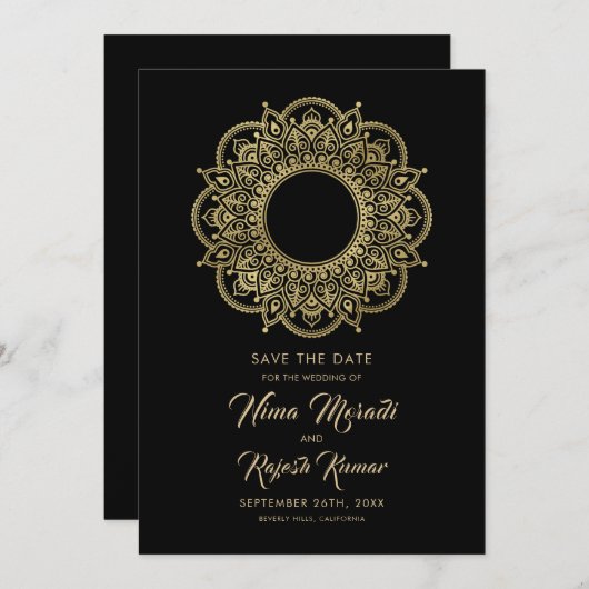 Save The Date Mariage indien, Save the Date, Black and Gold (Devant / Derrière)