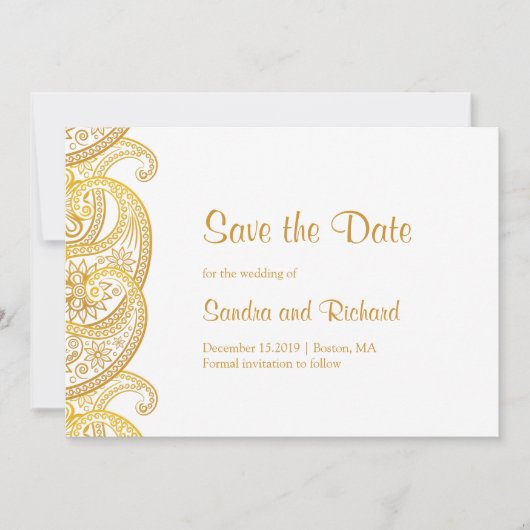 Save The Date Mariage indien traditionnel de Paisley d'or (Devant)