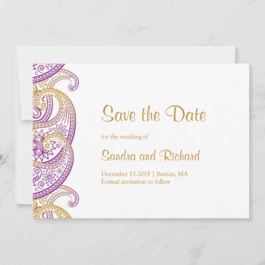 Save The Date Mariage indien violet et or de Paisley (Devant)