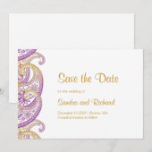 Save The Date Mariage indien violet et or de Paisley (Devant / Derrière)