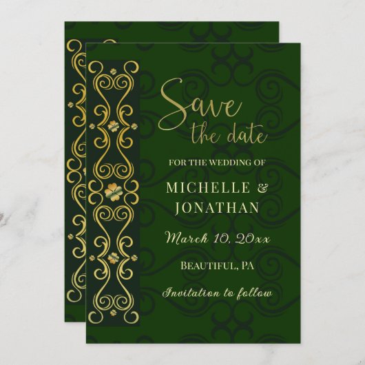 Save The Date Mariage irlandais élégant or Abstrait vert foncé (Devant / Derrière)