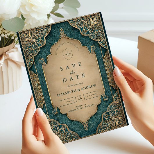 Save The Date Mariage islamique d'or émeraude