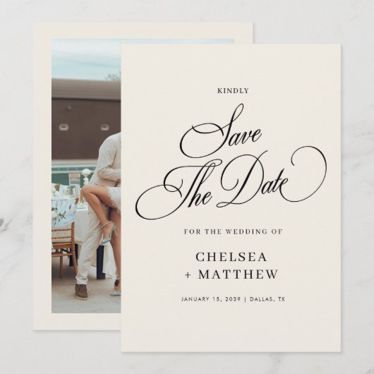 Save The Date Mariage Ivory & Black Classic Script & Photo (Devant / Derrière)