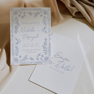 Save The Date Mariage Jardin Floral Bleu Azur Dessiné à la Main