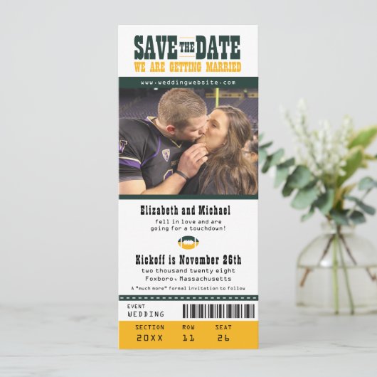 Save The Date Mariage jaune vert Enregistrer le billet de footba (Debout devant)