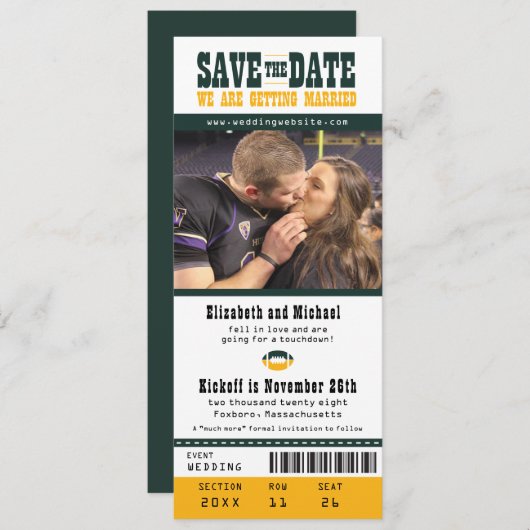 Save The Date Mariage jaune vert Enregistrer le billet de footba (Devant / Derrière)