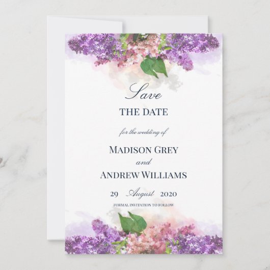 Save The Date Mariage Lilacs couleur violet et rose (Devant)