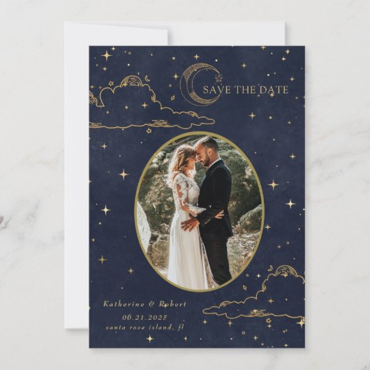 Save The Date Mariage Lune Dorée Nuages Célestes Mystiques (Devant)