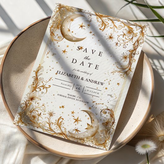 Save The Date Mariage Lune et Étoiles en Or Blanc Céleste