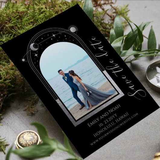 Save The Date Mariage Lune Soleil Étoiles Argent Noir Mystique