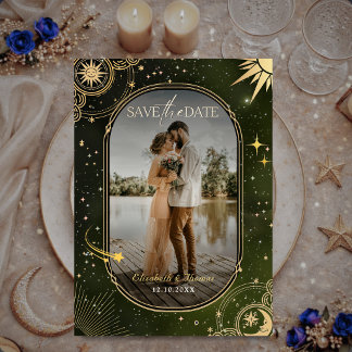 Save The Date Mariage Lune Soleil Vert Olive Céleste