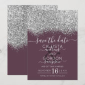 Save The Date Mariage Luxe Paillettes Argent Violet Confettis (Devant / Derrière)