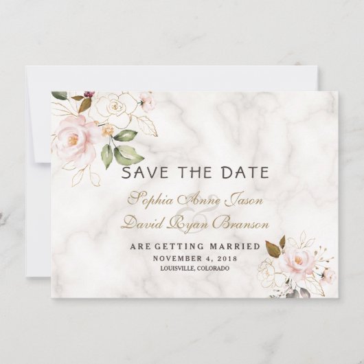 Save The Date Mariage Marbre Floral Rose Blush Or (Devant)