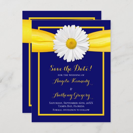 Save The Date Mariage Marguerite Shasta Ruban Jaune Bleu Marine (Devant / Derrière)