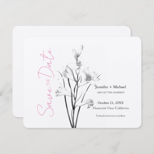Save The Date Mariage mariage Calligraphie Floral noir blanc (Devant / Derrière)