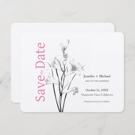 Save The Date Mariage mariage Calligraphie Floral noir blanc (Devant / Derrière)