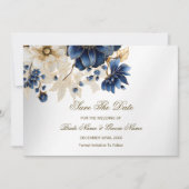 Save The Date Mariage Marine Bleu Blanc Or Floral Argent (Devant)