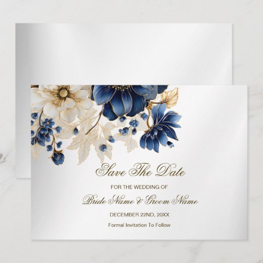 Save The Date Mariage Marine Bleu Blanc Or Floral Argent (Devant / Derrière)