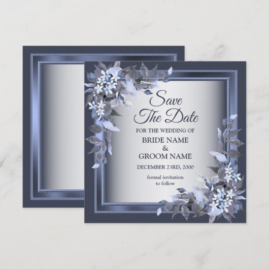 Save The Date Mariage Marine Bleu Cadre Floral Argent Élégant (Devant / Derrière)