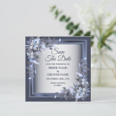 Save The Date Mariage Marine Bleu Cadre Floral Argent Élégant (Debout devant)