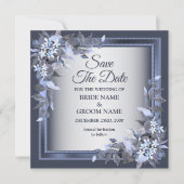 Save The Date Mariage Marine Bleu Cadre Floral Argent Élégant (Devant)