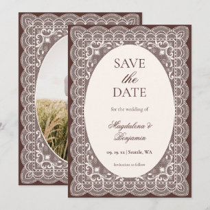 Save The Date Mariage marron élégant en dentelle d'ivoire victor