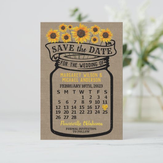 Save The Date Mariage Mason Jar Sunflower Février 2023 Calendrie (Debout devant)