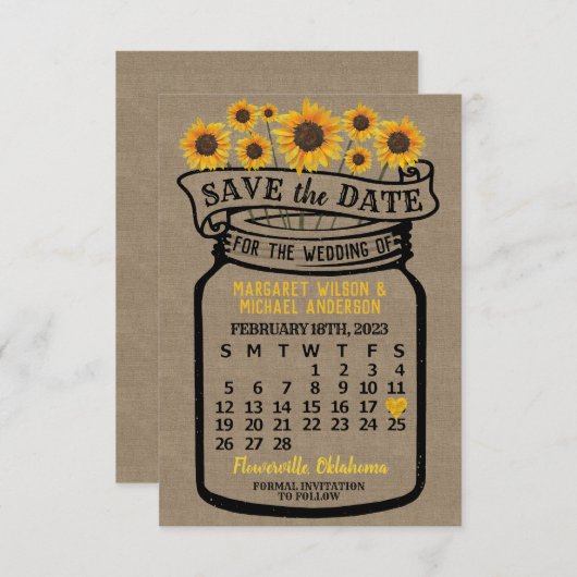 Save The Date Mariage Mason Jar Sunflower Février 2023 Calendrie (Devant / Derrière)