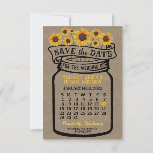 Save The Date Mariage Mason Jar Sunflowers Janvier 2023 Calendri (Devant)