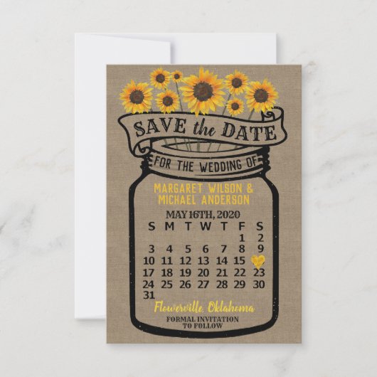 Save The Date Mariage Mason Jar Sunflowers Mai 2020 Calendrier (Devant)