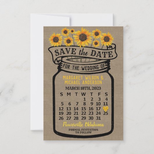 Save The Date Mariage Mason Jar Tournesols Mars 2023 Calendrier (Devant)